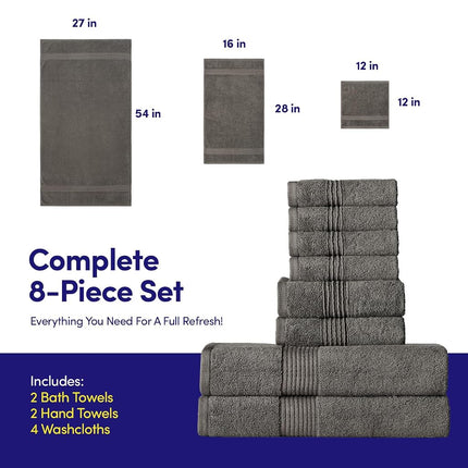 Bath Towels 8 Piece Towel Set – 100% Combed Cotton – Bath + Hand + Washcloths – Oeko-TEX Certified Soft & Absorbent Towels with Durable Double-Stitched Edges for Bathroom or Guest Spa, Gray
