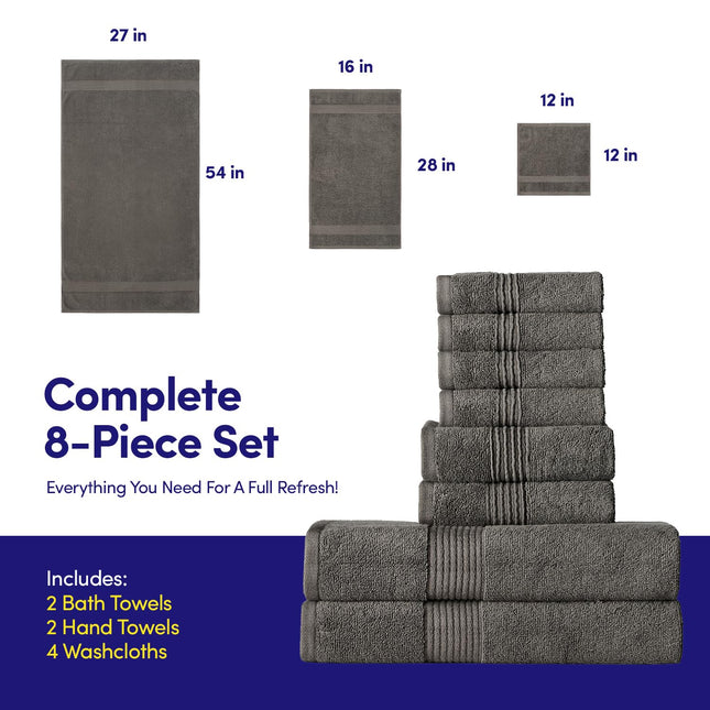 Bath Towels 8 Piece Towel Set – 100% Combed Cotton – Bath + Hand + Washcloths – Oeko-TEX Certified Soft & Absorbent Towels with Durable Double-Stitched Edges for Bathroom or Guest Spa, Gray