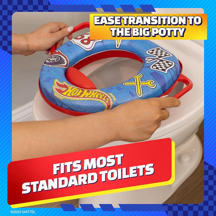 Hot Wheels Soft Potty Training Seat for Toilet with Storage Hook, Non-Slip Potty Ring with Splash Guard, Built-in Handles for Toddlers