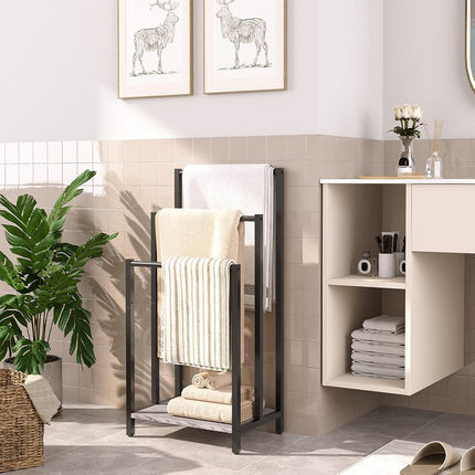 HOOBRO Towel Rack, Towel Rail Freestanding, Towel Holder for Bathroom, Drying Stand with 3 Towel Rails and Storage Shelf, Metal, for Bath and Hand Towels, Industrial, Rustic Greige and Black EBG03LB01