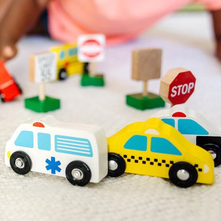 Melissa & Doug 3177 599038323477 Vehículos de madera y tráfico 6 coches y 9 señales, multicolor, 1 unidad