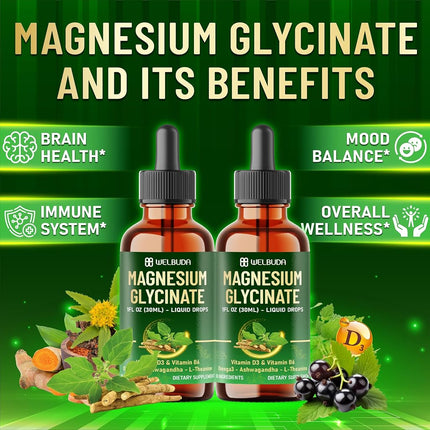10in1 Magnesium Glycinate Liquid Drop with Omega-3, Vitamin D3, Vitamin B6, Ashwagandha, L-Theanine, Turmeric, Rhodiola Rosea, Elderberry, Lemon Balm - 1 FL Oz - 30 Days Supply