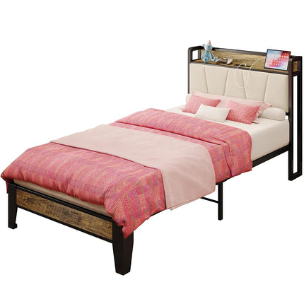 LIKIMIO Twin XL Bed Frames, Storage Headboard with Charging Station, Solid and Stable, Noise Free, No Box Spring Needed, Easy Assembly (Walnut and Beige)