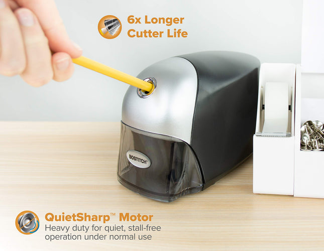 Taille-crayon électrique robuste Bostitch Office QuietSharp Executive pour un affûtage 65 % plus rapide et une durée de vie de coupe 6 fois plus longue - Compatible avec les crayons de couleur, noir