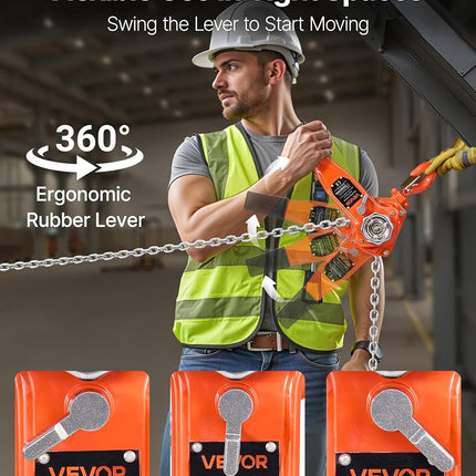 VEVOR Manual Lever Chain Hoist, 3/4T 750KG Capacity Heavy Duty Come Along, 6M Lift G80 Alloy Steel Chain With Dual Pawl Mechanical Brake, 360° Rotating Hooks, for Warehouse Construction Garage