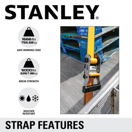STANLEY S50002-2 Black/Yellow 1.5" x 16' Heavy-Duty Ratchet Straps (5,000 lb Break Strength), 4 Pack