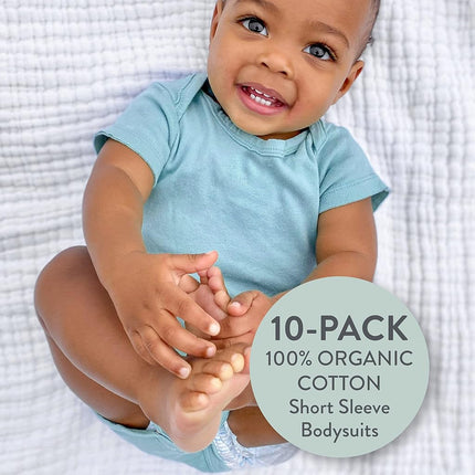 Honestbaby 10-Pack Short Sleeve Bodysuits One-Piece 100% Organic Cotton for Infant Baby Boys, Girls, Unisex, Rainbow Blues, 12 Months
