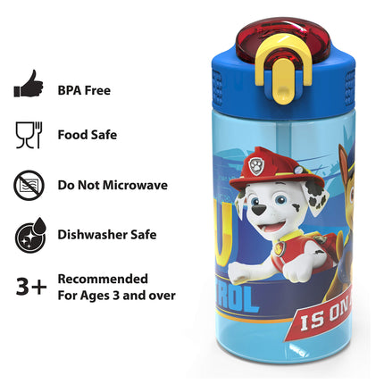 Zak Designs Kids Durable Plastic Spout Cover and Built-in Carrying Loop, Leak-Proof Water Design for Travel, (16oz, 2pc Set), Paw Patrol Marshall Bottle 2pk