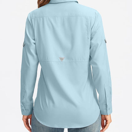 Women's UPF 50+ Sun Protection Shirts Long Sleeve for Fishing Hiking Safari, Gulf Stream, X-Small