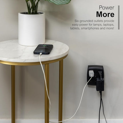 GE 6-Outlet Extender Wall Tap, Grounded Adapter, Charging Station, 3-Prong, Secure Install, ETL Listed, Black, 54840
