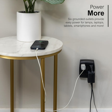 GE 6-Outlet Extender Wall Tap, Grounded Adapter, Charging Station, 3-Prong, Secure Install, ETL Listed, Black, 54840