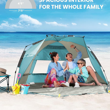 OutdoorMaster Pop Up Beach Tent for 4 Person - Easy Setup and Portable Beach Shade Sun Shelter Canopy with UPF 50+ UV Protection Removable Skylight Family Size - Cancun Seashore