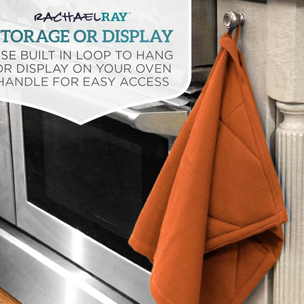 Rachael Ray Toalla Moppine - Toalla de cocina y agarrador 2 en 1 con 2 bolsillos resistentes al calor para sujetar utensilios de cocina y de repostería calientes - Toallas de cocina absorbentes perfectas para secar platos y manos, naranja quemado
