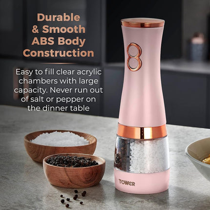 Tower T847004PNK Electric Salt and Pepper Mills, Battery Operated with Adjustable Ceramic Grinders, Pink and Rose Gold
