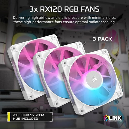 Corsair iCUE LINK XH505i RX 360 RGB Custom Cooling Kit – XC7 ELITE CPU Water Block, XD6 ELITE Pump Reservoir, 3x RX120 RGB Fans, XR5 360mm Radiator, iCUE LINK System Hub – White
