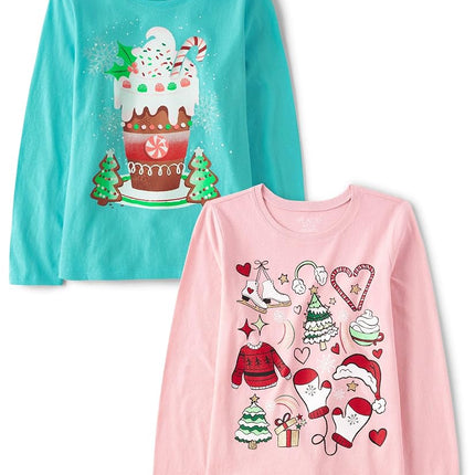 The Children's Place Girls' All Holidays Long Sleeve Graphic T-Shirts,multipacks, Xmas Doodle/Xmas Drink 2-Pack, Small