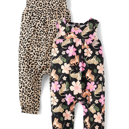 The Children's Place baby-girls And Newborn Sleeveless Pant Romper Playwear Outfit, Floral/Cheetah 2-pack, 0-3 Months
