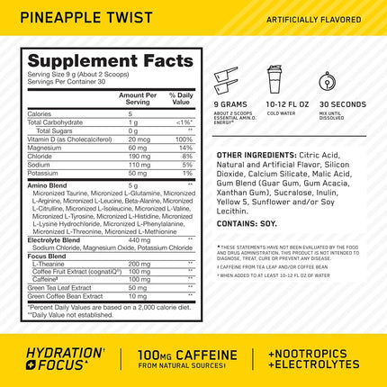 OPTIMUM NUTRITION Amino Energy + Électrolytes en Poudre, Saveur Ananas, 285g, 30 Portions