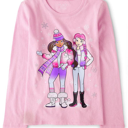 The Children's Place Girls' Long Sleeve Graphic T-Shrits, Winter Girls, Large