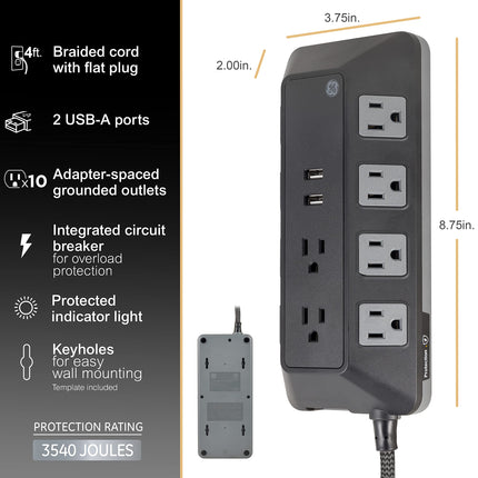 Protector de sobretensión GE UltraPro de 10 tomas con puertos USB, 2 puertos USB-A, 2,4 A, 12 W, regleta con cable trenzado de 1,2 m, 3540 julios, negro, 73775