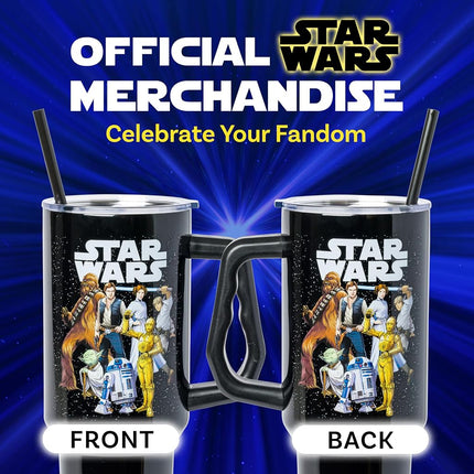 Silver Buffalo Star Wars Stainless Steel Tumbler with Handle and Straw - Chewbacca Yoda R2-D2 C-3PO Princess Leia Han Solo Luke Skywalker Fits in Standard Cup Holders 40oz