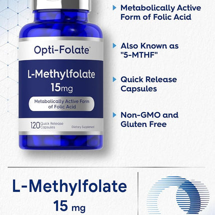 L Methylfolate 15mg | 120 Capsules | Value Size | Max Potency | Optimized and Activated | Non-GMO, Gluten Free | Methyl Folate, 5-MTHF | by Opti-Folate