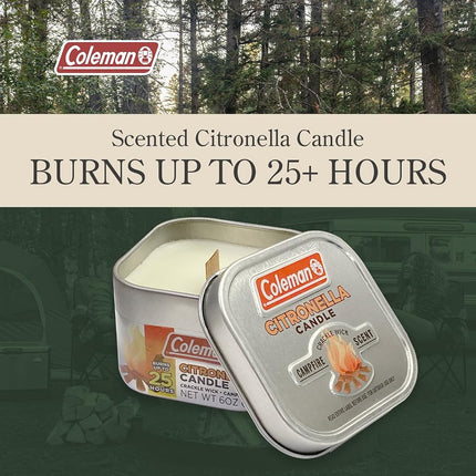 Coleman Campfire Scented Citronella Candle with Wooden Crackle Wick, Campfire Fragrance, 25-Hour Burn Time, Nostalgic Tin for Outdoor Ambiance