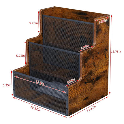 Yuzehuaza Rustic Stepped 3-Tier LP Vinyl Record Crate with Metal Grid, Wooden Album Storage Desktop Organizer Box for Vinyl, Rustic Brown & Black (Patent Pending)