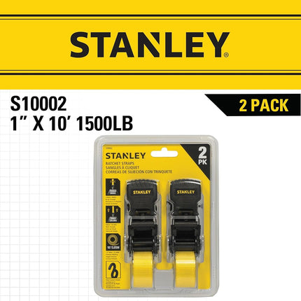 Stanley S10002 Black/Yellow 1" x 10' Ratchet Tie Down Straps - Light Cargo Hauling (1,500 lbs Break Strength), 2 Pack