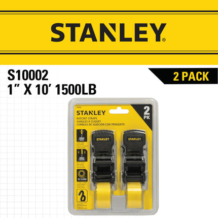 Stanley S10002 Black/Yellow 1" x 10' Ratchet Tie Down Straps - Light Cargo Hauling (1,500 lbs Break Strength), 2 Pack