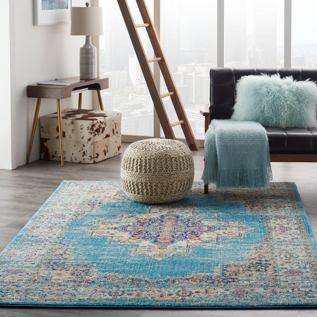 Nourison Passion Light Blue 3'9" x 5'9" Area Rug, Boho, Traditional, Easy Clean, Non Shedding, Bed Room, Living Room, Hallway, (4' x 6')
