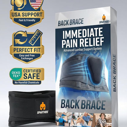 Back Brace by Sparthos - Immediate Relief for Back Pain, Herniated Disc, Sciatica, Scoliosis and More! - Breathable Mesh Design with Lumbar Pad - Adjustable Support Straps - Lower Back Belt [L]