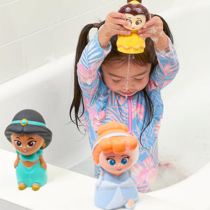 Disney Princess - Set de 5 juguetes de baño con chorros y cubo organizador - Juguetes de baño para bebés y niños pequeños - Incluye cubo organizador - Guarda los juguetes de agua para la hora del baño