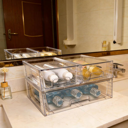XWYWX Wide Large Stackable Storage Drawers(3 Pack),Multi-purpose Clear Plastic Organizer Bins with Handles, Easy to Assemble for Bathroom Home Closet Under Sink Kitchen Pantry Medicine Cabinet
