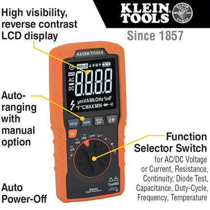 Klein Tools MM450 Multimeter, Slim Digital Meter, Auto-Ranging TRMS, 600V AC/DC Voltage, Current, Resistance, Temp, Frequency, Continuity, Orange