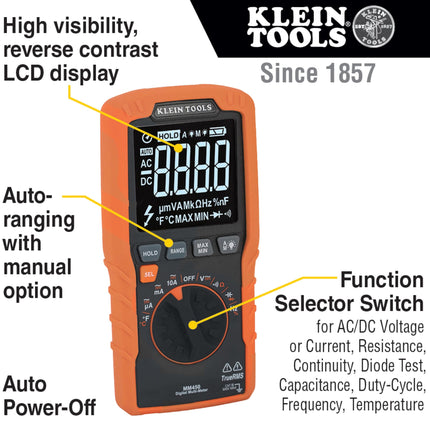 Klein Tools MM450 Multimeter, Slim Digital Meter, Auto-Ranging TRMS, 600V AC/DC Voltage, Current, Resistance, Temp, Frequency, Continuity, Orange