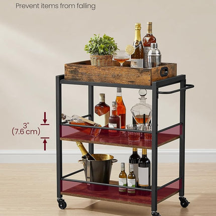 VASAGLE Industrial Bar Cart for The Home, Serving Cart with Wheels and Handle, 3-Tier Beverage Cart with Removable Tray and Storage Shelves for Living Room Kitchen, Rustic Brown and Black ULRC72X
