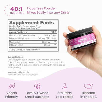 Premium Inositol Supplement - Myo-Inositol and D-Chiro Inositol Powder Plus Folate and Vitamin D - Ideal 40:1 Ratio - Hormone Balance & Healthy Ovarian Support for Women - Vitamin B8 - 30 Day Supply