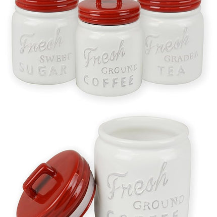DII 3-Piece Classic Ceramic Food Storage Canisters with Airtight Lid for Sugar, Coffee, & Tea - Red