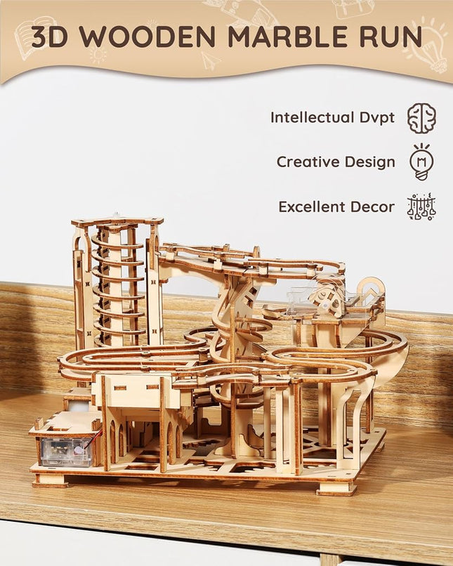 SainSmart Jr. 3D Wooden Puzzles for Adults, 225 PCS Marble Run Wood to Build, Electric Driven Mechanical Model Building Kit, DIY Gift for Aged 14+, Roller Coaster