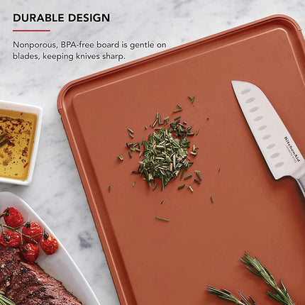 KitchenAid Classic Plastic Cutting Board with Perimeter Trench and Non Slip Edges, Dishwasher Safe, 12 x 18 inch, Scorched Orange