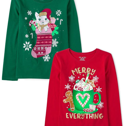 The Children's Place Girls' All Holidays Long Sleeve Graphic T-Shirts,multipacks, Christmas Cat/Merry 2-Pack, X-Small
