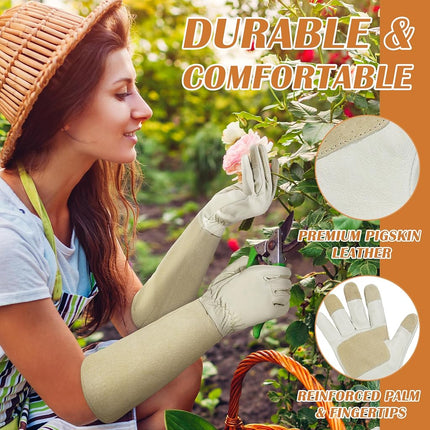 Pruning Gloves Long for Men & Women, Pigskin Leather Rose Gardening Gloves- Breathable & Durability Gauntlet Gloves (Small, Beige)