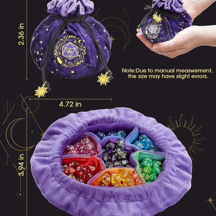 ANZOME DND Dice Bags with Pockets Drawstring Dice Bag Dice Storage Bag Big Capacity Dice Velvet Pouch for RPG MTG Table Games, Capacity Over 200 Dice (Purple)