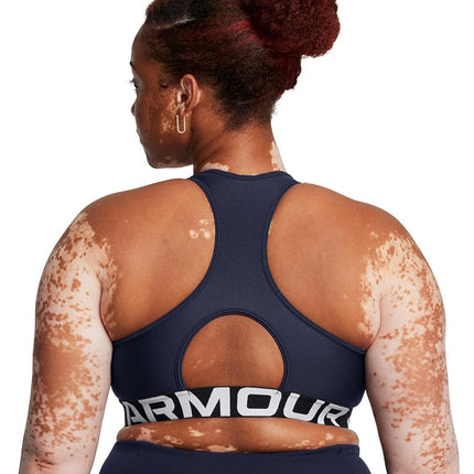 Under Armour Women's Heat Gear Mid Branded, Medium-Support Sports Bra with 4-Way Stretch Material, Gym Bra with Double-Lined Coverage,Midnight Navy / / White,SM