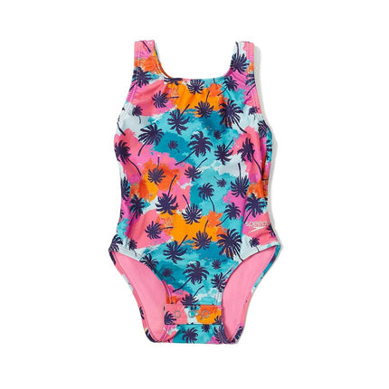 Speedo Girls' Swimsuit One Piece Thick Strap Racer Back Printed, Palm Aqua Splash, 18 Months