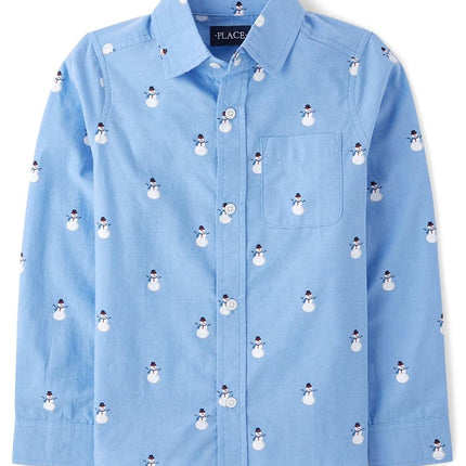The Children's Place Boy's Long Sleeve Button Down Shirts, Snowmen, XX-Large