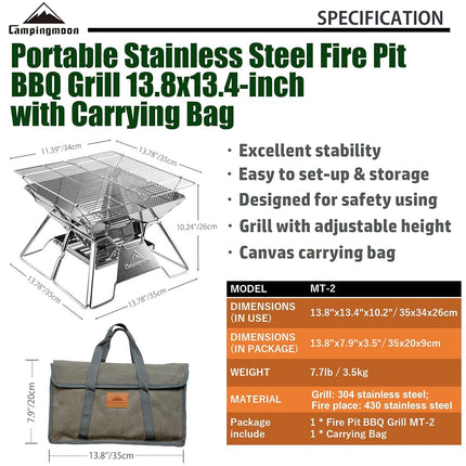 CAMPINGMOON Portable Campfire BBQ Grill 14 Inch Stainless Steel Folding Fire Pit Wood Burning Adjustable Height Outdoor Cooking RV Camping Carry Bag MT-2