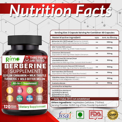 Berberine Supplement 1500mg with Ceylon Cinnamon, Bitter Melon & Gymnema – 8-in-1 Formula – 120 Capsules