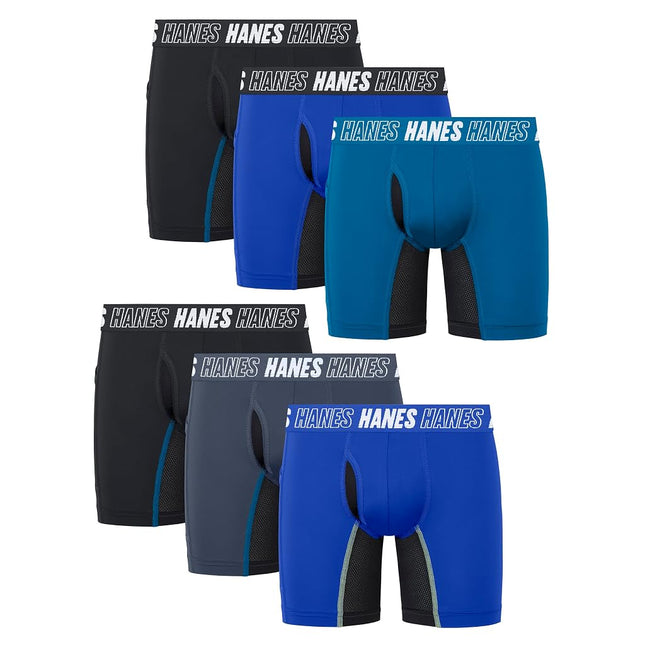 Hanes Boys' Moves Underwear Anti Chafe Boxer Briefs, Black/Blue- Long Leg, Small